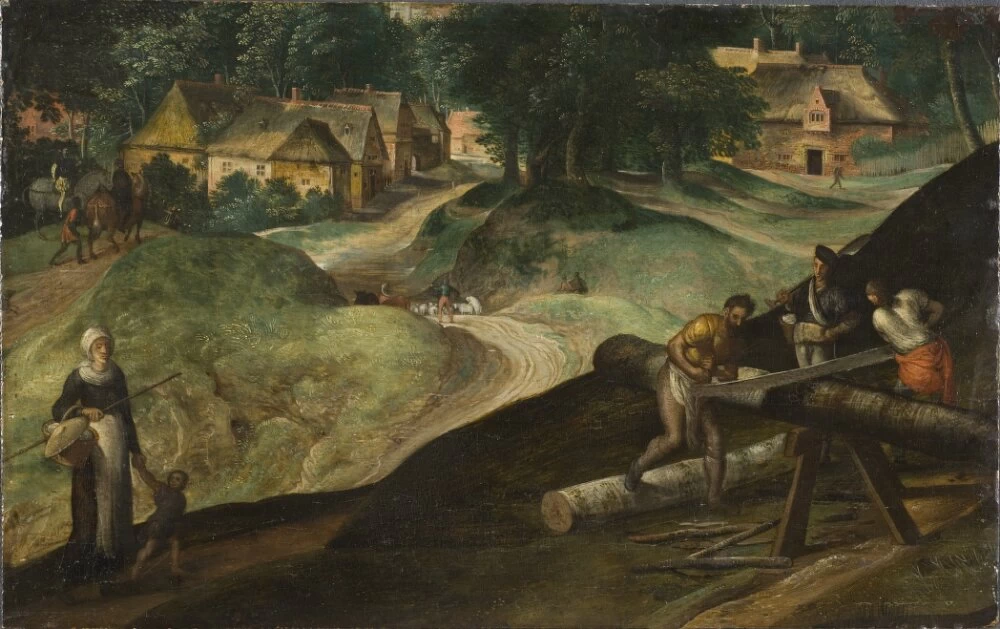 Paesaggio con uomini che segano legname